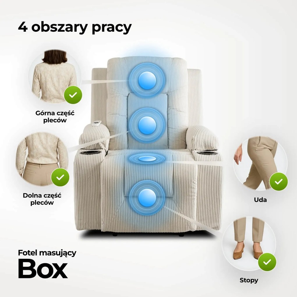 Fotel Masujący BOX Rozkładany Wypoczynkowy z Podnóżkiem Beżowy Sztruksowy Nowoczesny