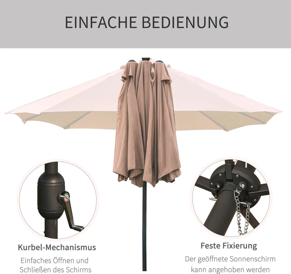 Outsunny duży parasol podwójny parasol oświetlenie LED owalny kolor khaki ze stalową ramą 440 cm x 260 cm parasol ogrodowy parasol na targ na taras z korbką ręczną