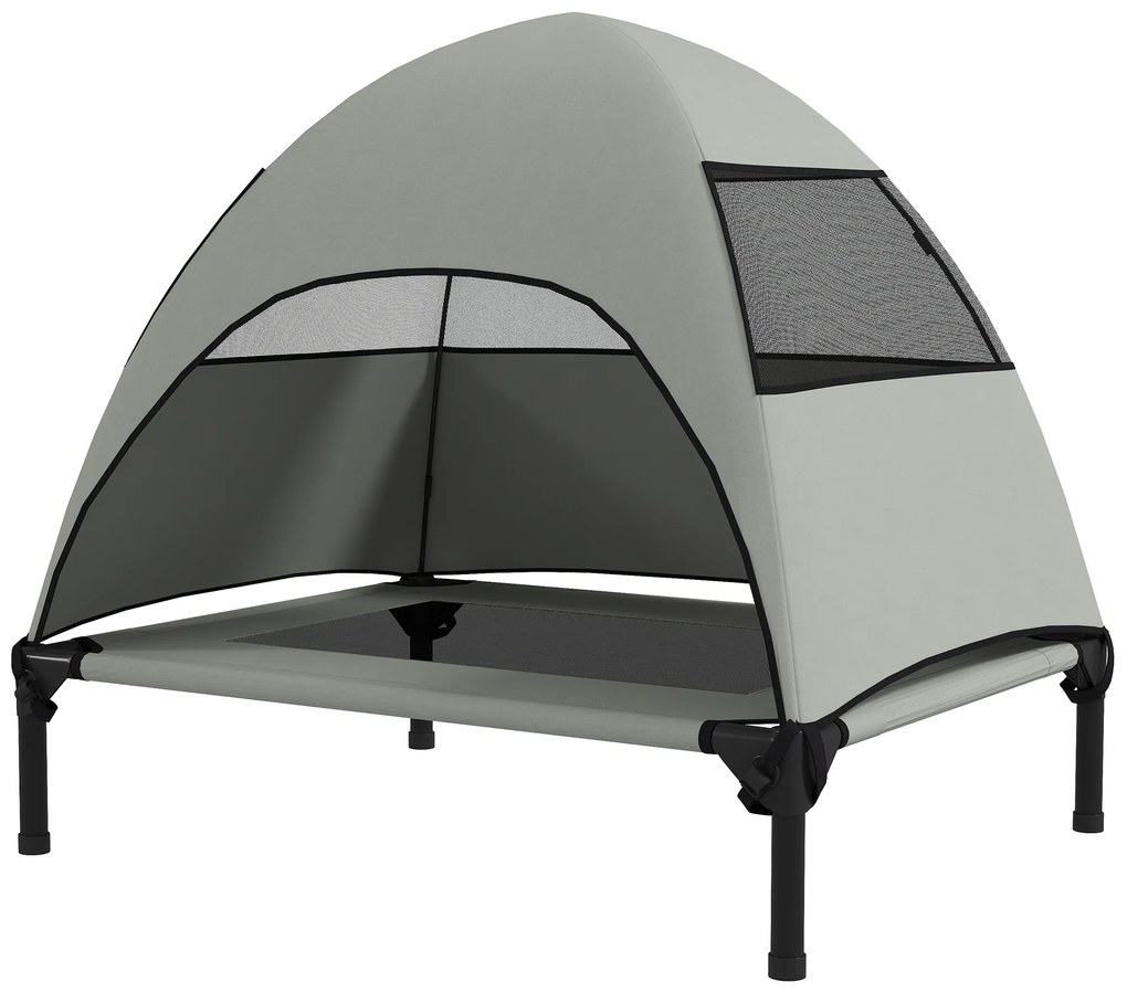 PawHut Leżanka dla Psa na Zewnątrz z Daszkiem, Podwyższone Łóżko dla Psów Średniej Wielkości, 76 x 61 x 71cm, Jasnoszary