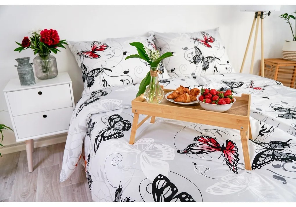 Stanex Pościel bawełniana Motyl biały, 140 x 200 cm, 70 x 90 cm