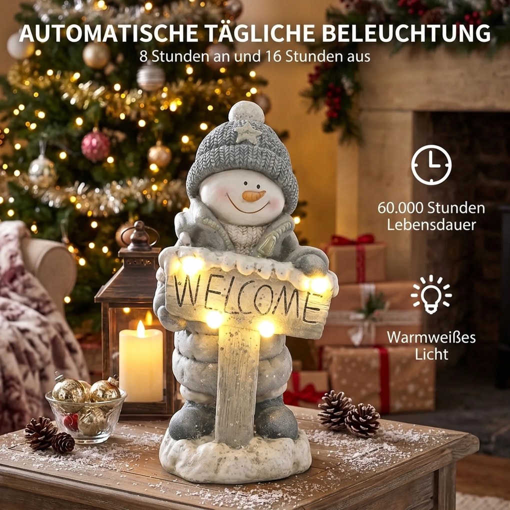 HOMCOM Dekoracja świąteczna: figurka bałwanka, podświetlana statuetka z MGO z tabliczką „Welcome”, diody LED i 24-godzinny timer | Aosom PL