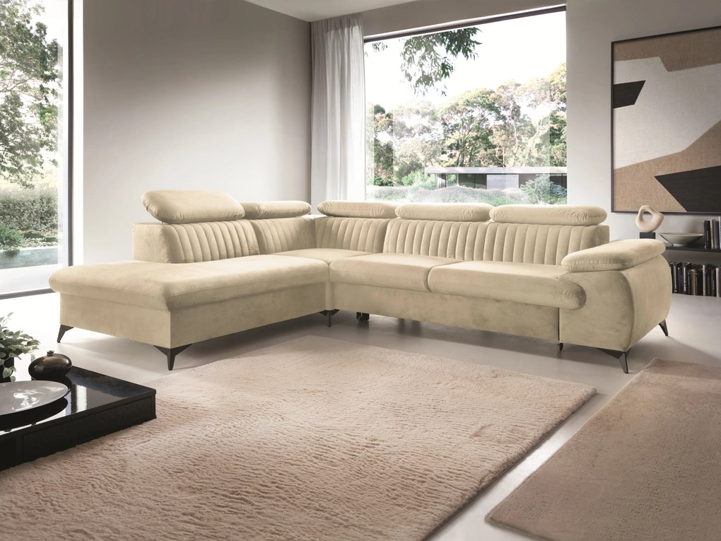 Masseno Narożnik FIORE z funkcją spania i pojemnikiem na pościel Narozniki L, Rozkładana sofa - Kremowy, MONOLITH 02
