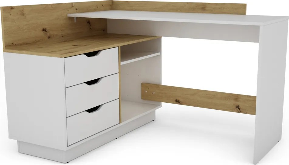 Biurko narożne z kontenerkiem Filo 2, kolor biały mat/dąb artisan, 129 cm