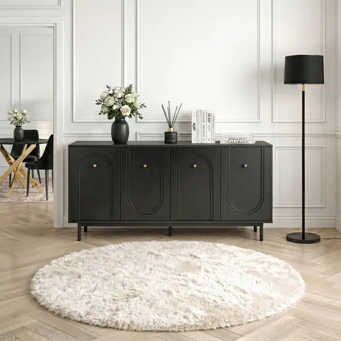 Komoda do Salonu MARLEN 155 cm Czarna Czterodrzwiowa Glamour