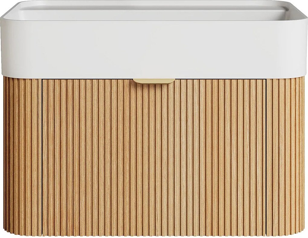 Wisząca szafka łazienkowa z prążkowanego drewna jesionowego z umywalką podblatową do zabudowy z matowej białej żywicy - Jasny naturalny - 60 cm - BULMAS