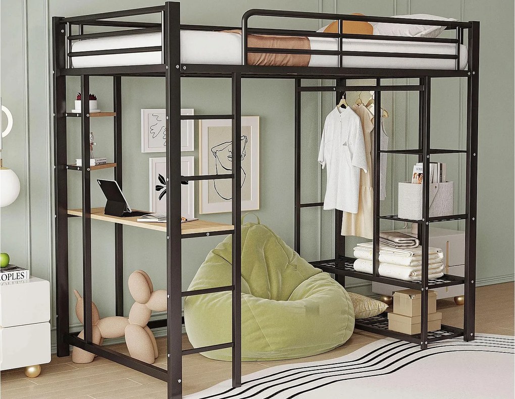 Oświetlona antresola 90x200 cm - ze stołem - z miejscami do przechowywania - z drabiną - czarny (bez materaca)