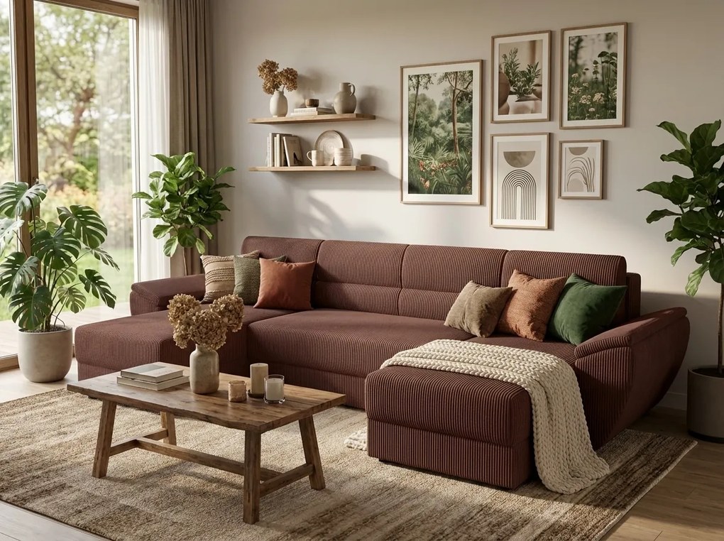 Rozkładana sofa narożna w kształcie U TAVERO 321x140 cm, ciemnoróżowa