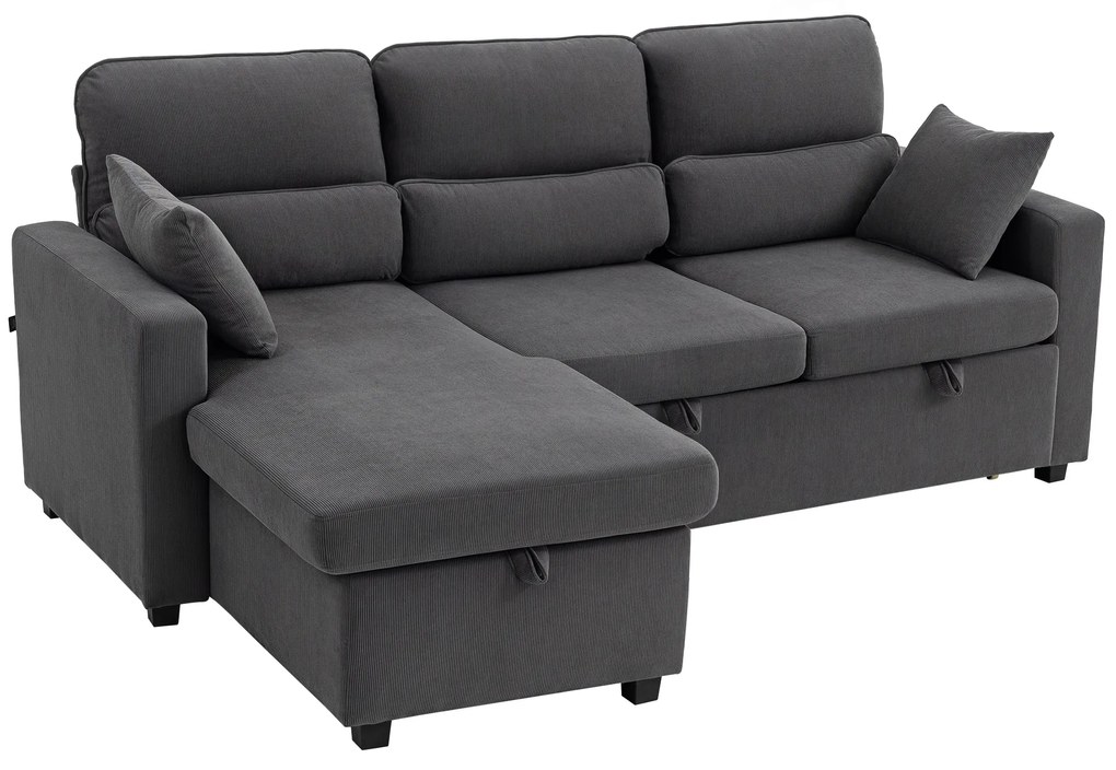 HOMCOM Regulowana sofa rozkładana w kształcie L, narożna sofa dla gości z funkcją łóżka, schowkiem, poduszkami, do salonu, pokoju gościnnego, szara