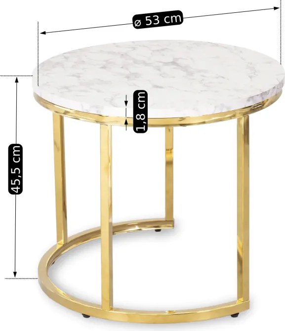 Zestaw Stolików Kawowych OLIS 43 cm/53 cm Biały Marmur Złoty do Salonu Glamour