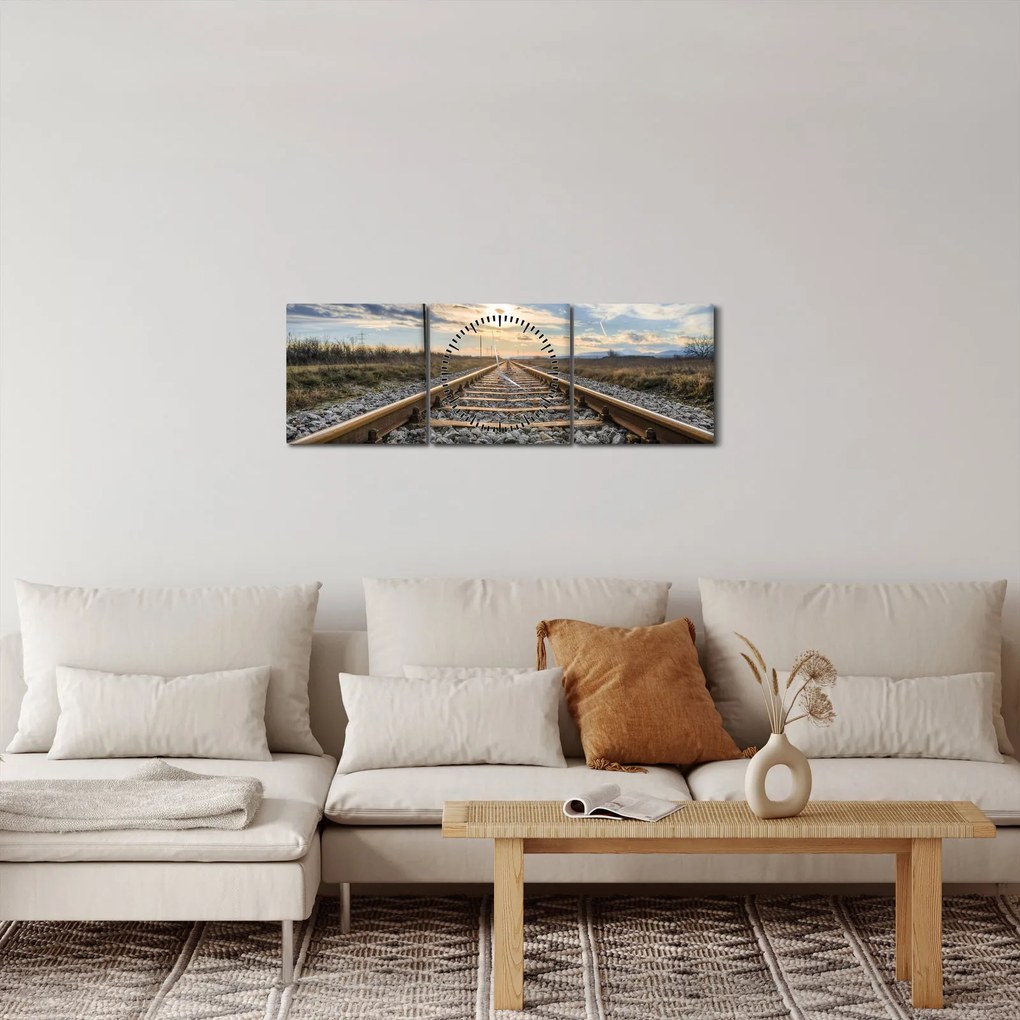 Obraz - Tory (z zegarem) (90x30 cm)
