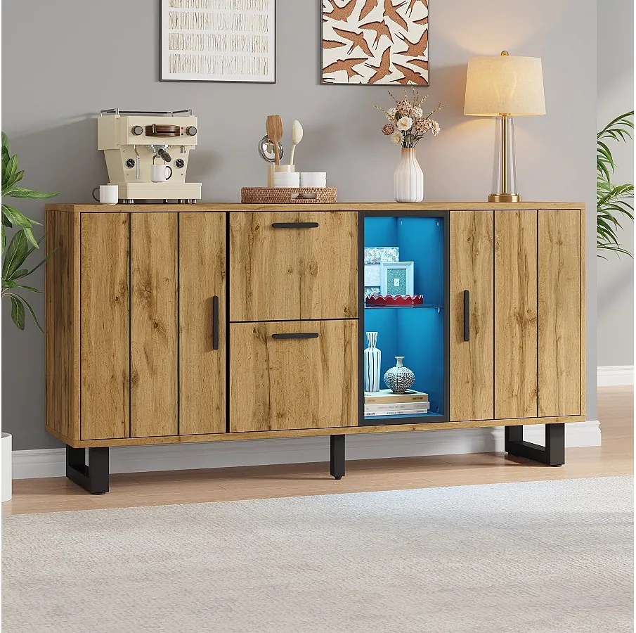 Komoda do salonu - 160 x 40 x 73 cm - z 2 szufladami + LED + 2 drzwi + półka - MDF - naturalny + czarny