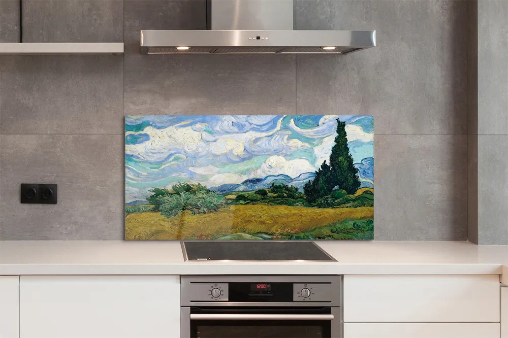Szklany Panel Pole Pszenicy z Cyprysami - Van Gogh