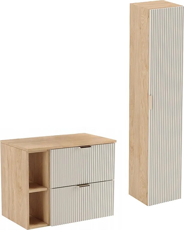 Zestaw Łazienkowy 80cm Szafka Blat Regał Słupek Ryflowane Fronty Kaszmir / Dąb Orzech