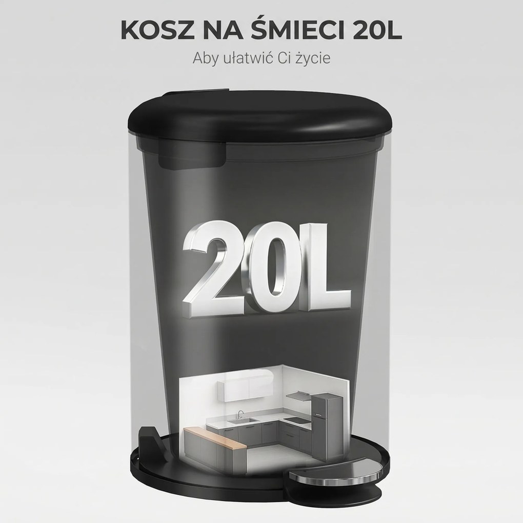HOMCOM 20 l kosz kuchenny, metal odporny na odciski palców, pokrywa Soft-Close, pedał nożny i wyjmowany kubeł, czarny | Aosom PL