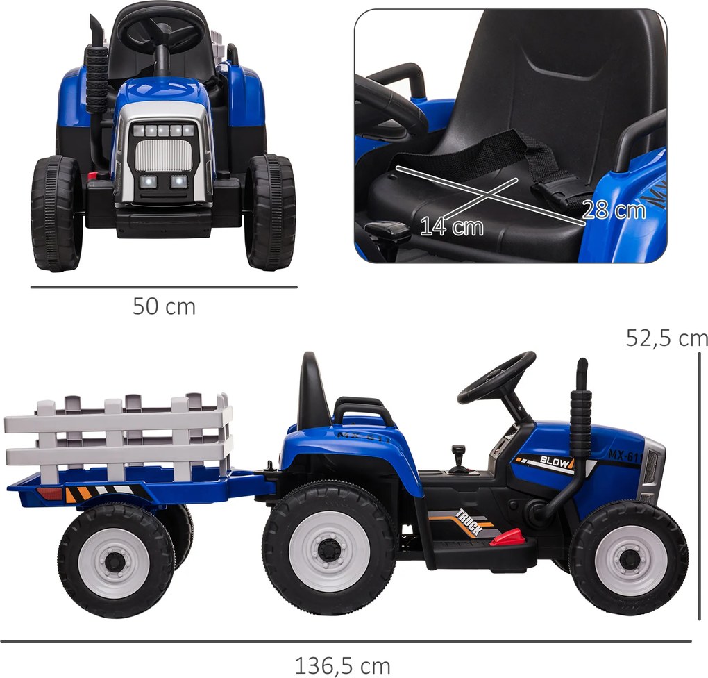 HOMCOM Elektryczny Samochód dla Dzieci z Przyczepką, Pilot, Reflektory, 3-6 km/h, na Lata 3-6, Niebieski