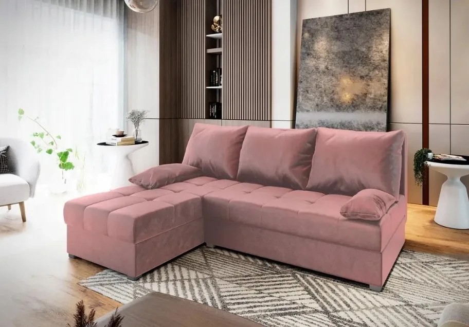 Promocja Różowa rozkładana sofa narożna ZENA, dwustronna druga jakość