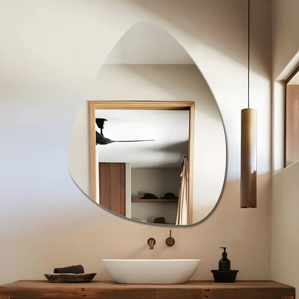 Lustro o nieregularnym kształcie oszlifowane bez podświetlenia DROP | Różny rozmiar | Różne kolory szkła : Kolor tafli szkła - Srebrny, Rozmiar - 70 x 50 cm