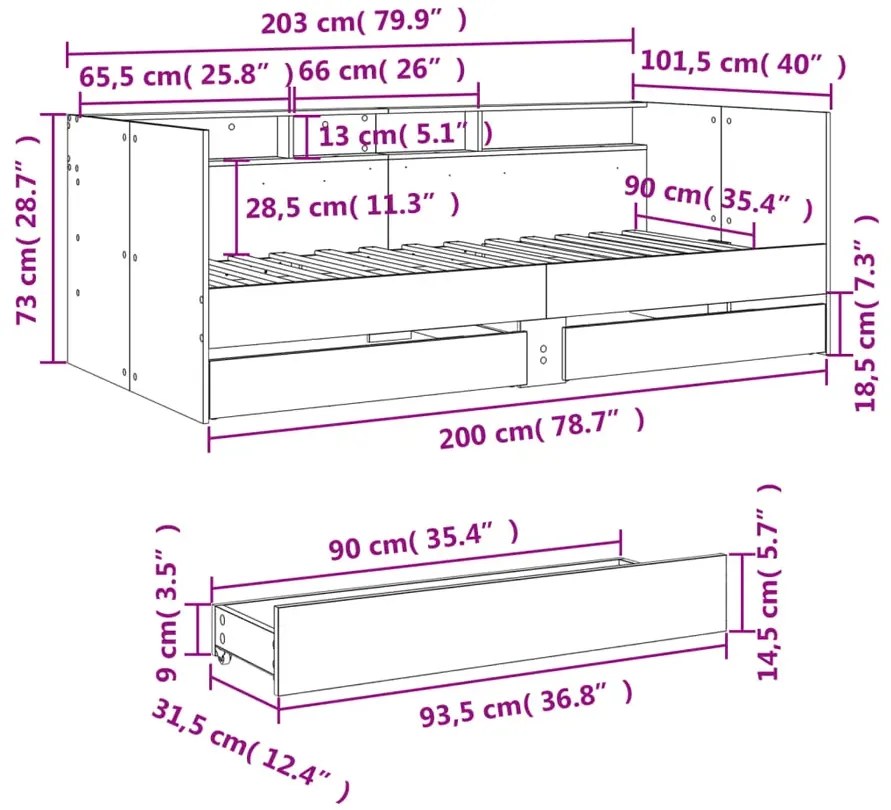 Łóżko z regałem i szufladami 90x200 cm wędzony dąb D1-Z33