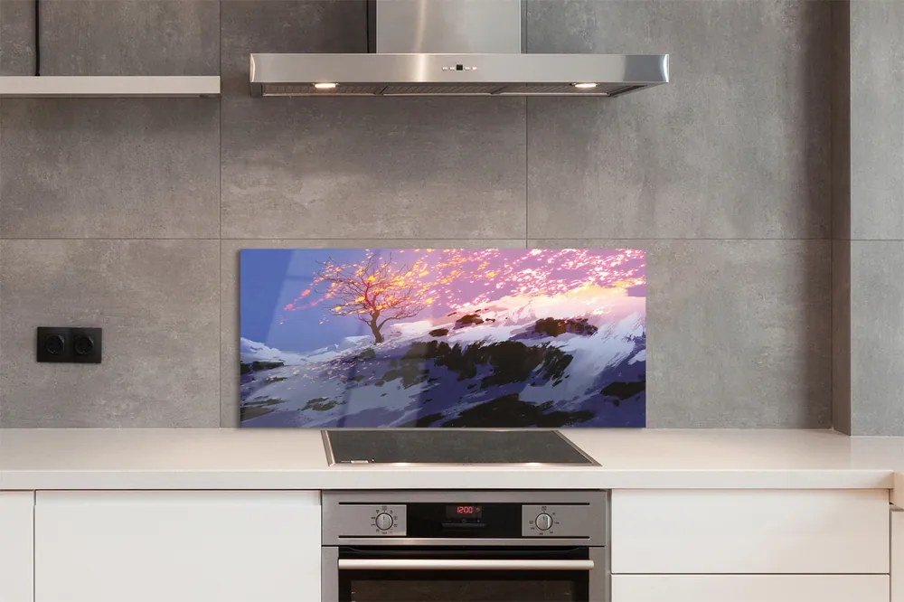 Panel szklany do Kuchni Zimowy Krajobraz z Drzewem i Górami