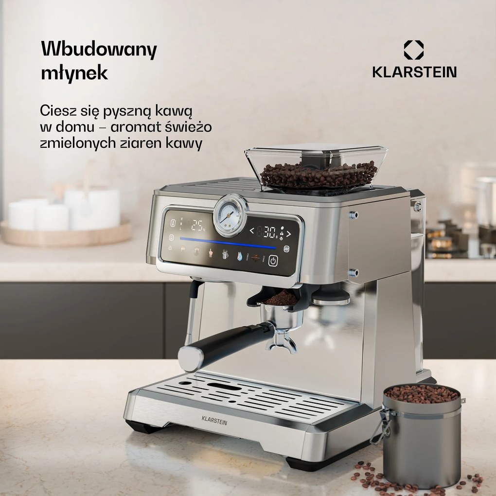 Klarstein GrandPresso 1350W 20bar Dotykowy Ekspres Kolbowy Srebrny