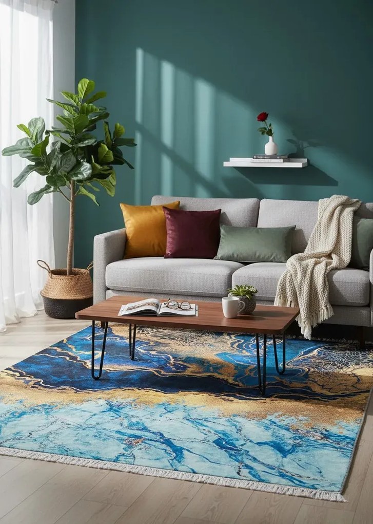 Niebieski prostokątny dywan z motywem marmuru T4-N85