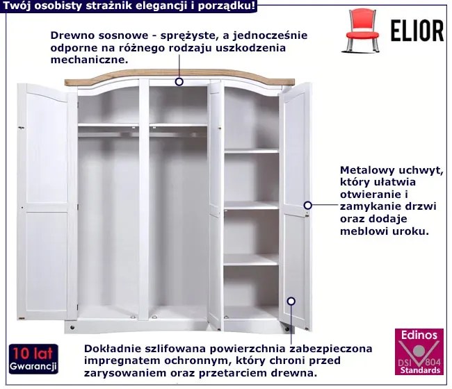 Szafa z potrójnymi drzwiami z drewna sosnowego biały + miodowy brąz - Emaro 5X