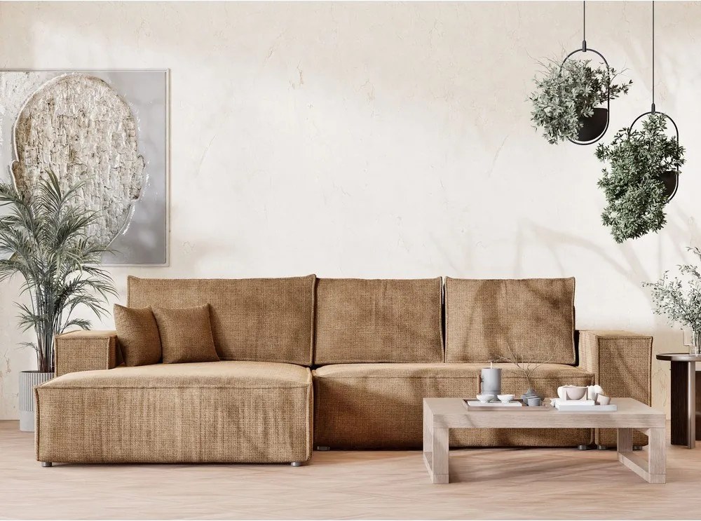 Jasnobrązowy rozkładany narożnik ze schowkiem z tkaniny szenilowej (lewostronny/z szezlongiem) Maze – Maison de Rêve