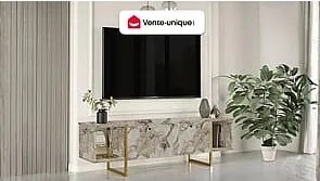 Szafka RTV 2 pary drzwiczek i 2 półki - Imitacja białego marmuru i złoty - DERANA