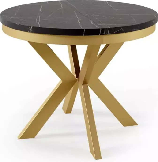 Elegancki stół rozkładany Argan z okrągłym laminowanym blatem na złotych nogach do salonu lub jadalni