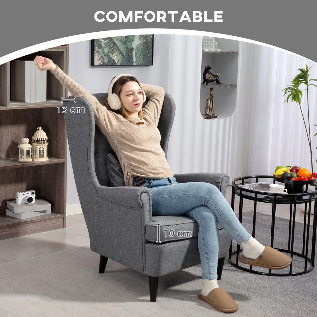 HOMCOM Fotel z podnóżkiem, z nogami z drewna kauczukowego, pokrycie materiałowe, szary