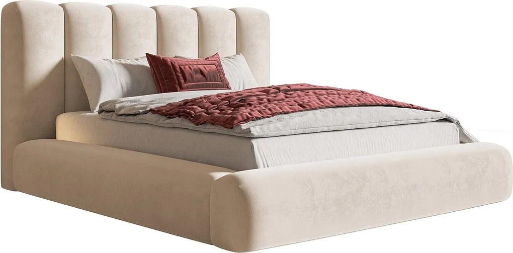 Łóżko tapicerowane 160x200 Lumaro z pojemnikiem - gruba pianka, pojemnik, stelaż drewniany - beżowy (Amor Velvet 4304)