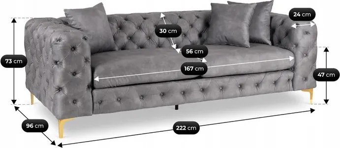 Sofa SORRENTO 3S Trzyosobowa Szara Welurowa Glamour