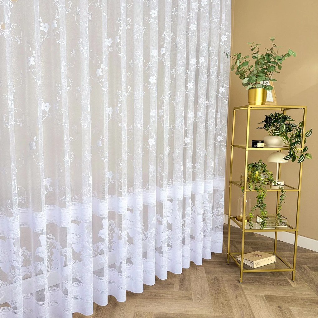 Firana żakardowa nowoczesna w kwiatki dwa pasy na dole - wys. 250 cm