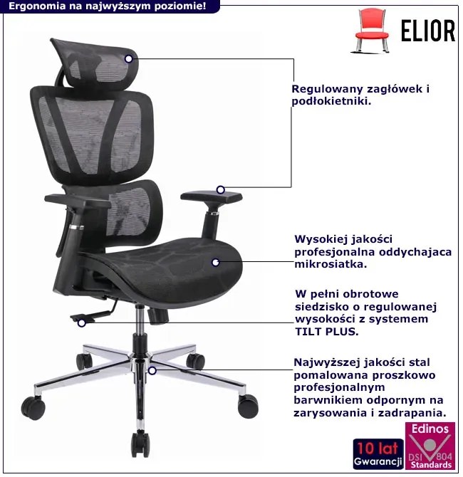 Czarny ergonomiczny fotel biurowy z zagłówkiem i podłokietnikami M3-F86