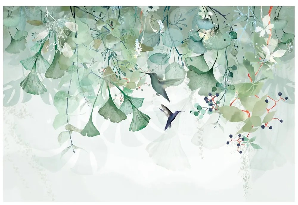Tapeta zielone liście z kolibrami