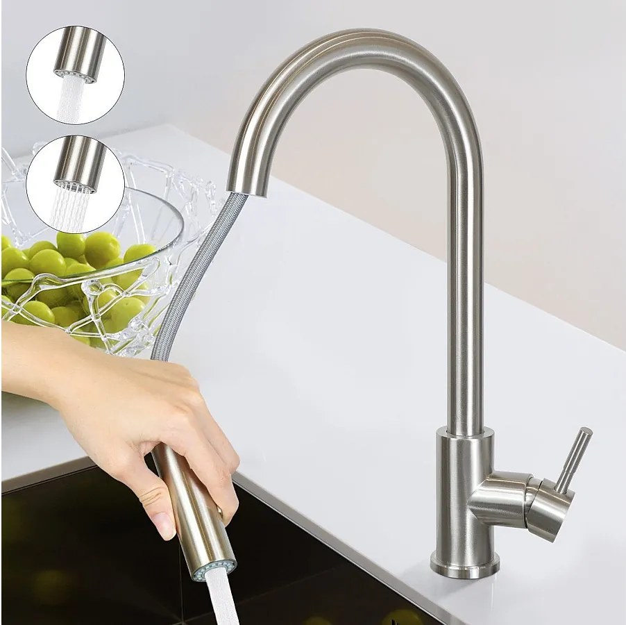 NETTLIFE Bateria kuchenna z wysuwaną głowicą prysznicową, wysokie ciśnienie, podwójny strumień ze stali nierdzewnej, obrót o 360°, nikiel