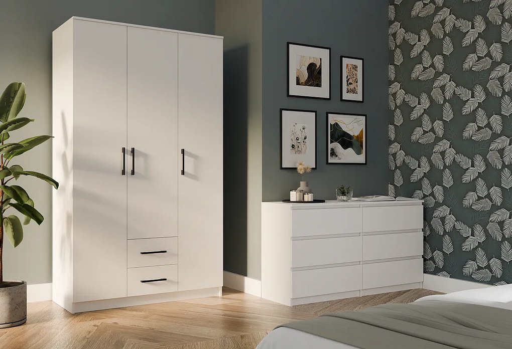 Szafa Romana120|  Biała | 120x54x205 cm | 3-drzwiowa szafa z szufladami
