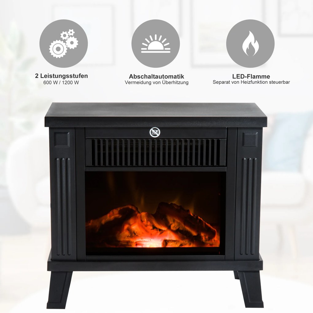 HOMCOM Kominek elektryczny wolnostojący 600W 1200W czarny z efektem płomieni | Aosom PL