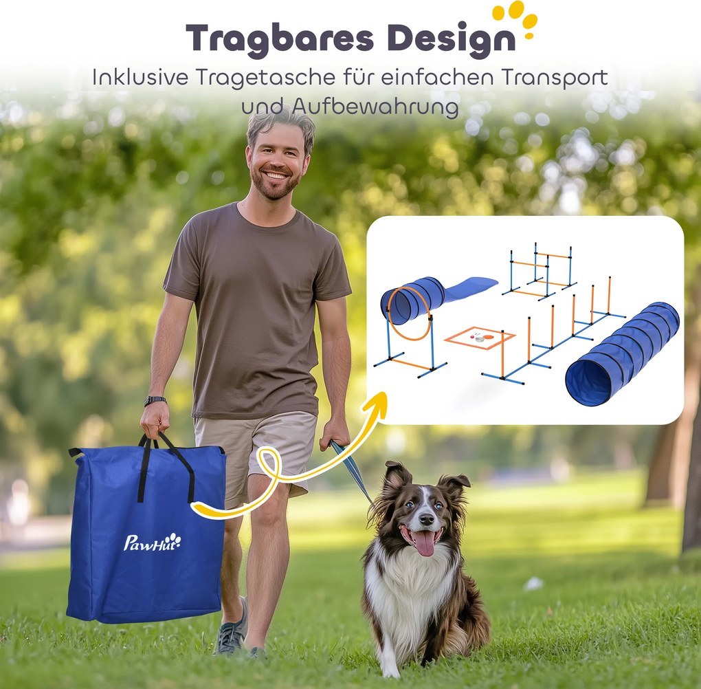 PawHut Zestaw Agility dla psów 11-częściowy wyposażenie Agility z 2 tunelami, regulowana wysokość, obręcz skokowa i płotki, tyczka slalomowa | Aosom PL