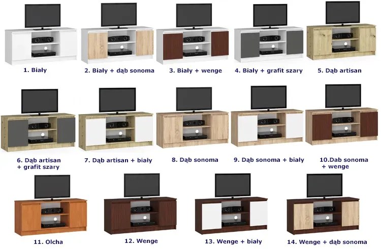 Szafka pod telewizor wenge + dąb sonoma - Galapi 3X 120 cm