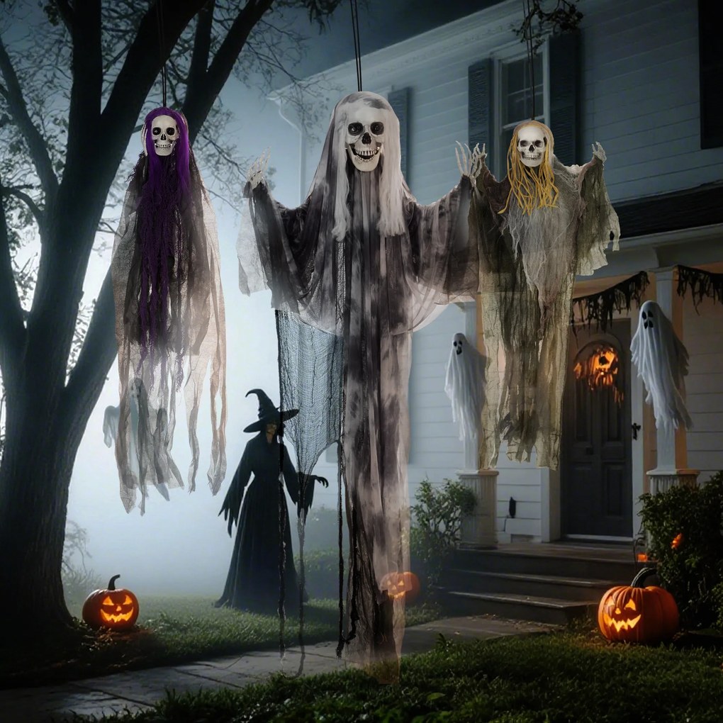 HOMCOM Wiszące Duchy-Szkielety, Zestaw 3 szt., Dekoracja na Halloween, Regulowane Ramiona, 150cm