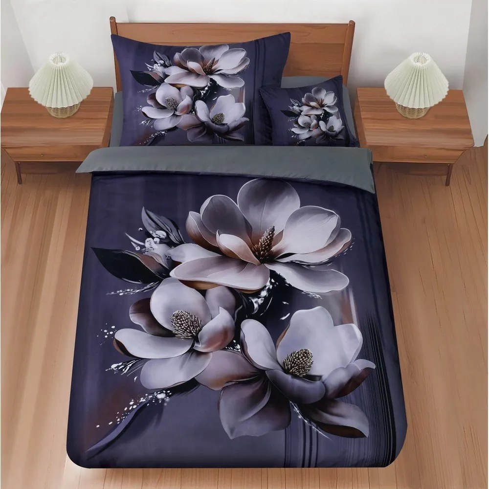 Ciemnofioletowa pościel jednoosobowa 3-częściowa 140x200 cm Magical Magnolias – My House