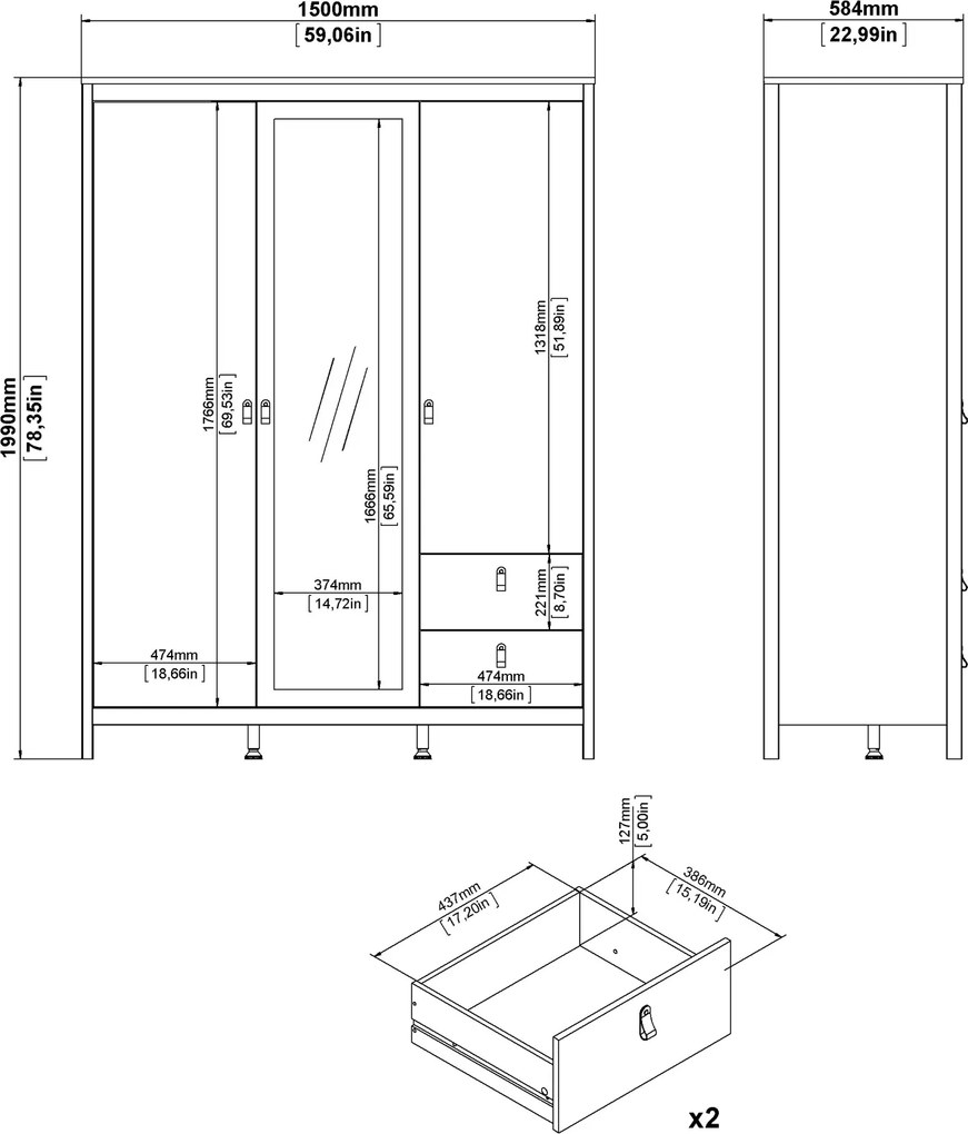 Trzydrzwiowa szafa z lustrem i szufladami Madrid, kaszmir mat