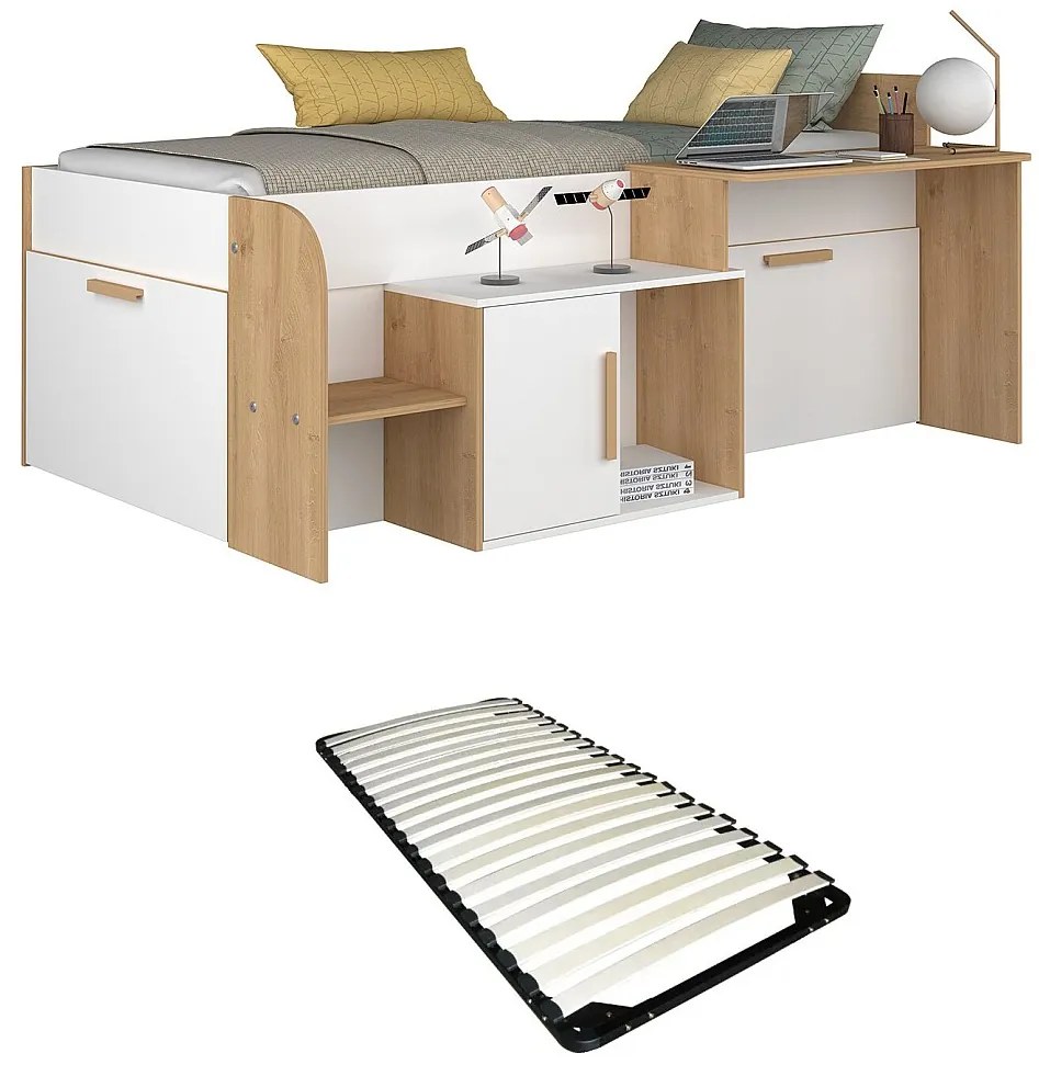 Łóżko piętrowe 90 x 200 cm z biurkiem i półkami - Biały i naturalny + Stelaż - PEDRO