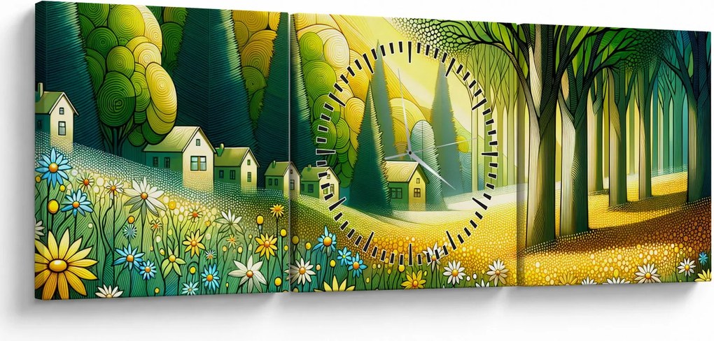 Obraz - Wieś w żółto-zielonym (z zegarem) (90x30 cm)