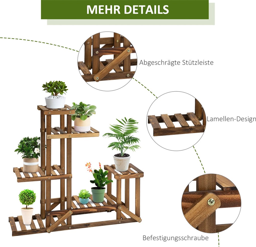 Outsunny Stojak na kwiaty 6 półek Drewniany kwietnik Karbonizowane drewno 98x28x96 5cm Dekoracja | Aosom PL