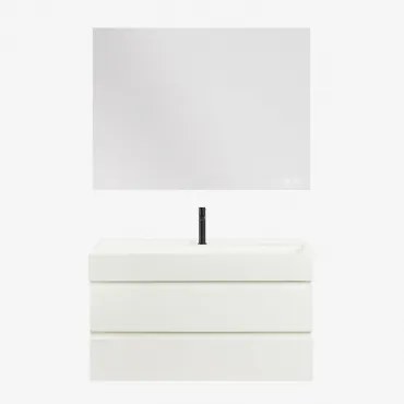 Zestaw Wiszących Mebli Łazienkowych Z Drewna I Forniru Jesionowego Zintegrowany Z Umywalką Ona Biała & Prostokątny - Sklum