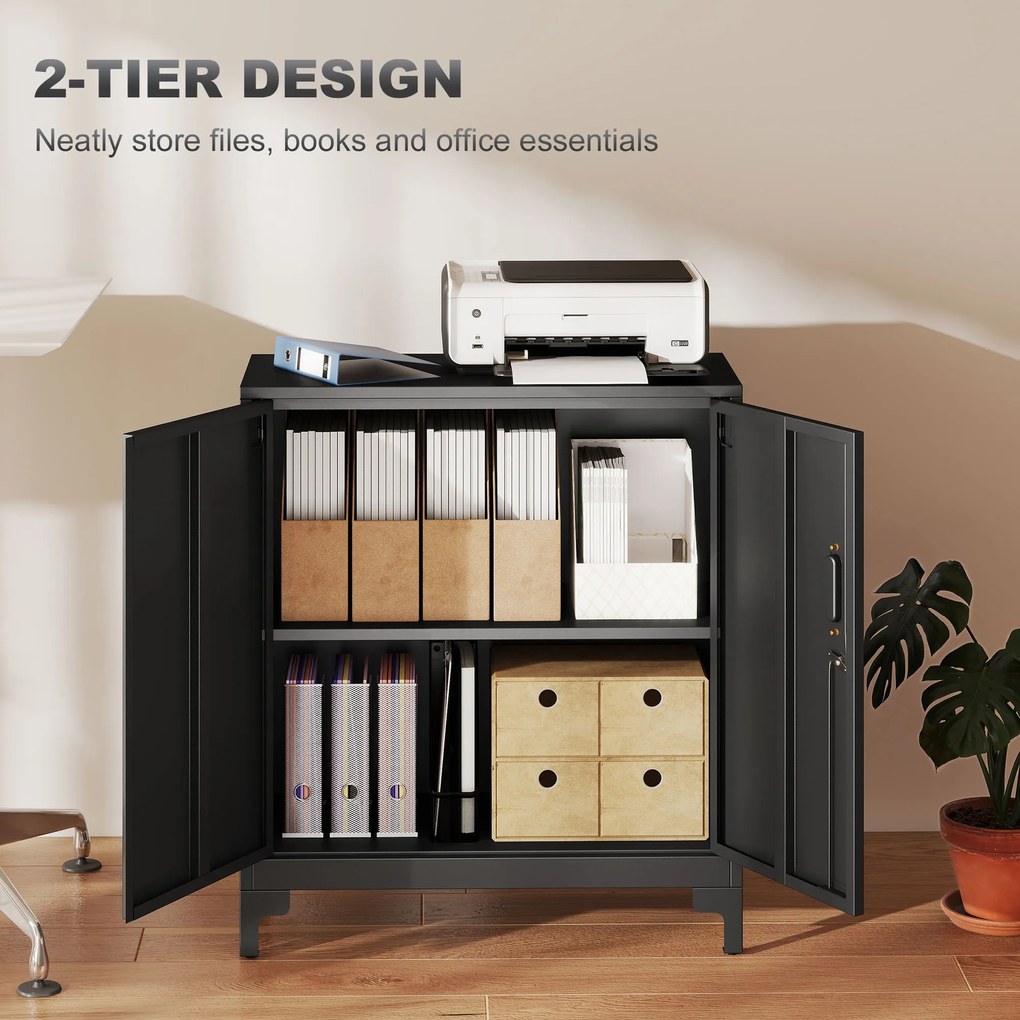 HOMCOM Szafa biurowa metalowa, zamykane drzwi, komoda biurowa, 2-poziomowe wykonanie, czarna