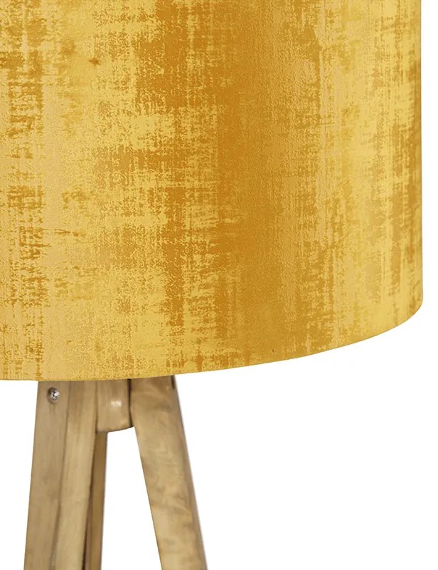 Rustykalna lampa stojąca na trójnogu z drewnianą podstawą i złotym kloszem 50 cm - Tripod Classic Rustykalny / Vintage Oswietlenie wewnetrzne