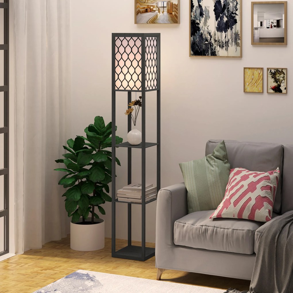 HOMCOM Lampa Stojąca z Półkami Czarna Drewniana Oświetlenie Salon E27 do 40W 26x26x160cm | Aosom PL